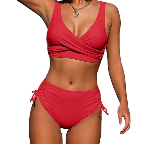 GLYLFQZJ Bikini Sommer Einfarbige Farbe Strand Casual Bikini Badeanzug Set Damen Mode High Taille Badeanzug Bikini Zweiteilig Set-Rot-L von GLYLFQZJ