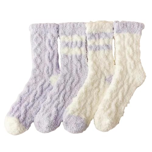 GLYLFQZJ Damensocken 4 Paare Frauen Männer Slipper Socken Boden Paare Coral Samt Plüsch Winter Warm Verdickte Weihnachten Mid Tube Schlaf Socken-Hellviolett-Eu36-40 von GLYLFQZJ