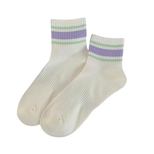 GLYLFQZJ Damensocken Dünn Mischfarbe Casual Gestreift Atmungsaktive Mesh Socken Preppy Stil Einfache Trendy Casual Basic Mädchen Weiße Socken-Purple-One Size von GLYLFQZJ