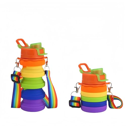 GLYLFQZJ Faltbarer Wasserbecher Outdoor Camping Retractable Kinderwasserflasche Doppelschnalle Seil Silikonwasserflasche Tragbare Faltbare Tasse-Regenbogen B von GLYLFQZJ