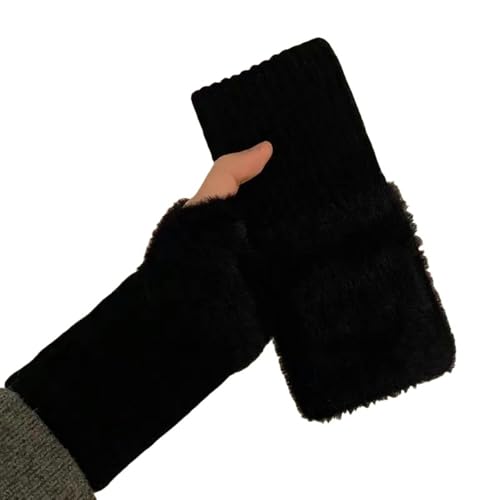 GLYLFQZJ Fingerlose Handschuhe Damen Weiche Winter Halbe Fingerhandschuhe Frauen Warm Luxus Massiv Weiße Plüschgestricke Fingerlose Handschuhe Handgelenk Handschuhe Schreiben-Schwarz von GLYLFQZJ