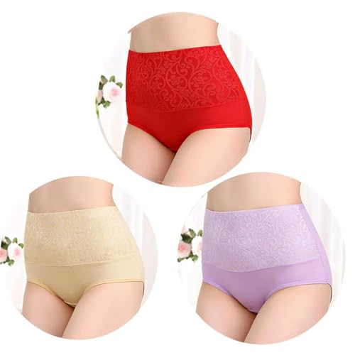 GLYLFQZJ Frauenunterwäsche 3Pcs Baumwollhöhe Frauen Plus Größe Unterwäsche Hohe Taille Bauchbluts Weibliche Mädchen Nach Der Geburt Recovery Hohte-Red Skin Lp-4Xl-3Pcs von GLYLFQZJ