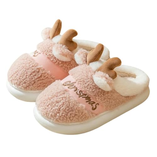 GLYLFQZJ Hausschuhe Damen Dicke Alleinige Weihnachtshirschruppschuhe Frauen Männer Innen Warmer Slipper Weiche Plüsch Hausbodenliebhaber Winterplattform Schuhe-Rosa-40-41 von GLYLFQZJ