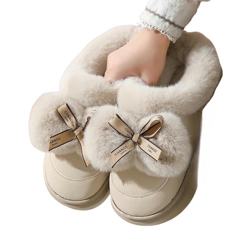 GLYLFQZJ Hausschuhe Damen Winter Warmer Flauschiger Bogenknoten Rund Zehene Eva Innenhäuser Haushalte Bequeme Schuhe Süß Süß-Beige-40-41 von GLYLFQZJ