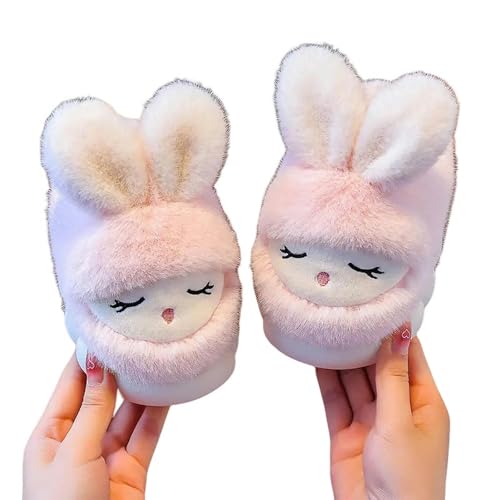 GLYLFQZJ Winterhausschuhe Kinder Kawaii Kaninchen Pelzigen Rutschen Kinder Hausschuhe Winter Mädchen Jungen Hasenohren Flauschige Hausschuhe Kinder Halten Warme Flip Flops-Rosa-Cn28-29 Inner17,5Cm von GLYLFQZJ