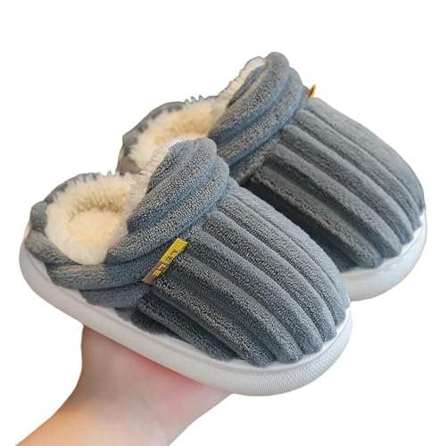 GLYLFQZJ Winterhausschuhe Kinder Winter Präzise Streifen Plüsch Hausschuhe Kinder Anti-Rutsch Indoor Fluffy Mule Für Jungen Mädchen Warme Kinder Zuhause Baumwollschuhe-Grau-22-23(Inner14Cm) von GLYLFQZJ