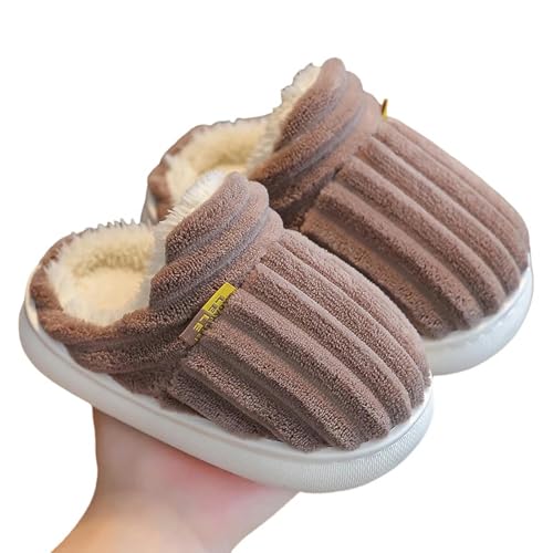 GLYLFQZJ Winterhausschuhe Kinder Winter Präzise Streifen Plüsch Hausschuhe Kinder Anti-Rutsch Indoor Fluffy Mule Für Jungen Mädchen Warme Kinder Zuhause Baumwollschuhe-Schokolade-30-31(Inner19Cm) von GLYLFQZJ