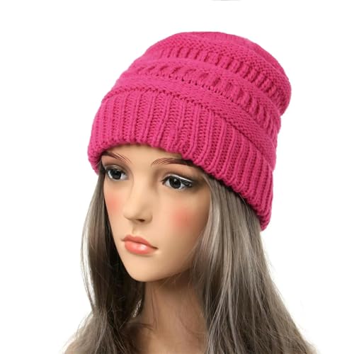 GLYLFQZJ Wintermütze Damen Gestrickte Mützenhut Cap Trendy Warme Klobige Weiche Stretch -Kabel -Strick -Winterhut Für Frauen Mode Hut-Rosenrot von GLYLFQZJ