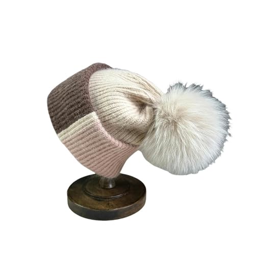 GLYLFQZJ Wintermütze Damen Kaninchenfell Mützen Weich Warm Flauschige Fell Pompom Winterhut Für Frauen Angora Strickhut Schädel Weibliche Motorhaube Strickkappe-Beige-54-60 cm von GLYLFQZJ