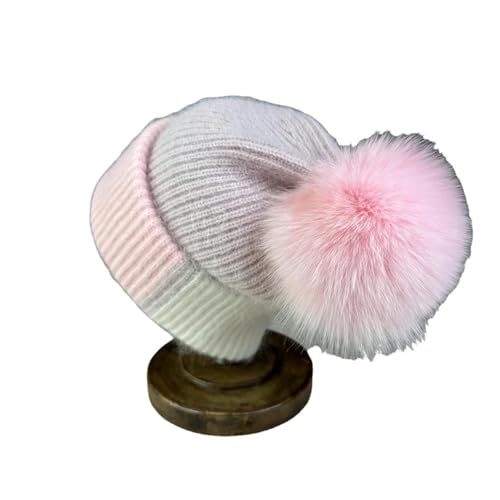 GLYLFQZJ Wintermütze Damen Kaninchenfell Mützen Weich Warm Flauschige Fell Pompom Winterhut Für Frauen Angora Strickhut Schädel Weibliche Motorhaube Strickkappe-Rosa B-54-60 cm von GLYLFQZJ