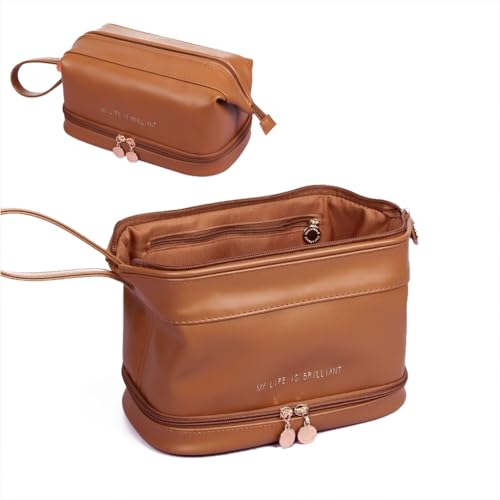 GMBYLBY Tragbare Reise-Kulturbeutel, Make-up-Tasche, doppellagig, multifunktional, groß, legerer Aufbewahrungsbehälter für Damen, braun, Double layer von GMBYLBY