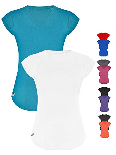 GO HEAVY Damen 2er-Pack Fitness Funktions Sport T-Shirt Laufshirt Kurzarm Schnelltrocknend | Türkis/Weiß S von GO HEAVY