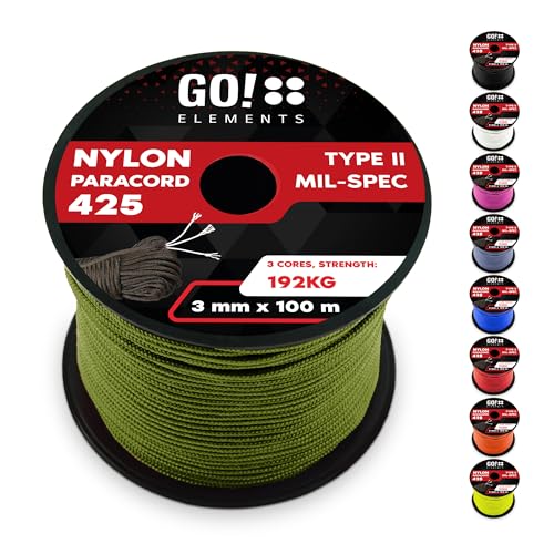 GO!elements 100m Paracord Seil aus reißfestem Nylon - 3mm Paracord 425 Typ II max. 192kg - Schnüre als Outdoor Seil, Allzweckseil, Survival Seil, Armband, Hundeleine, Nylonschnur, Farbe: Oliv GO!elements 100m Paracord Seil aus reißfestem Nylon - 3mm Paracord 425 Typ II max. 192kg - Schnüre als Outdoor Seil, Allzweckseil, Survival Seil, Armband, Hundeleine, Nylonschnur, Farbe: Oliv von GO!elements