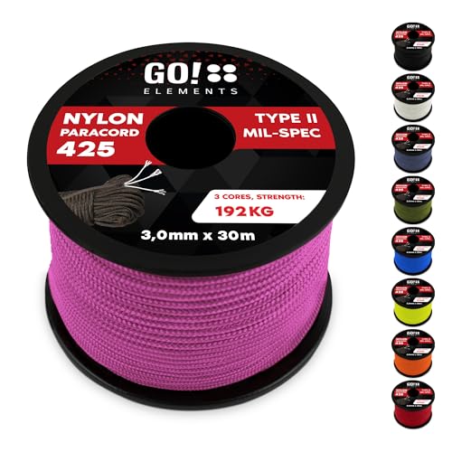 GO!elements 30m Paracord Seil aus reißfestem Nylon - 3mm Paracord 425 Typ II max. 192kg - Schnüre als Outdoor Seil, Allzweckseil, Survival Seil, Armband, Hundeleine, Nylonschnur, Farbe:Pink von GO!elements