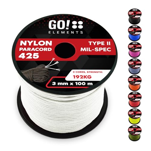 GO!elements 100m Paracord Seil aus reißfestem Nylon - 3mm Paracord 425 Typ II max. 192kg - Schnüre als Outdoor Seil, Allzweckseil, Survival Seil, Armband, Hundeleine, Nylonschnur, Farbe: Weiß GO!elements 100m Paracord Seil aus reißfestem Nylon - 3mm Paracord 425 Typ II max. 192kg - Schnüre als Outdoor Seil, Allzweckseil, Survival Seil, Armband, Hundeleine, Nylonschnur, Farbe: Weiß von GO!elements