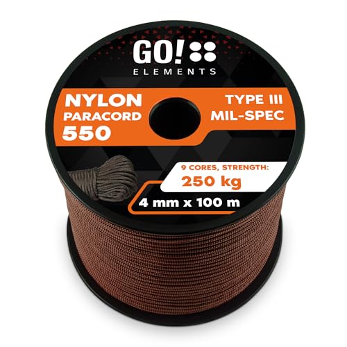 GO!elements 100m Paracord Seil aus reißfester Nylonschnur - 4mm Paracord 550 Typ III Schnur - Allzweckseil & Reepschnur - Max. 250kg, Farbe:Braun von GO!elements