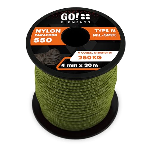 GO!elements 30m Paracord Seil aus reißfester Nylonschnur - 4mm Paracord 550 Typ III Schnur - Allzweckseil & Reepschnur - Max. 250kg, Farbe:Oliv von GO!elements