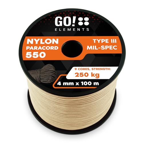 GO!elements 100m Paracord Seil aus reißfester Nylonschnur - 4mm Paracord 550 Typ III Schnur - Allzweckseil & Reepschnur - Max. 250kg, Farbe:Sand von GO!elements