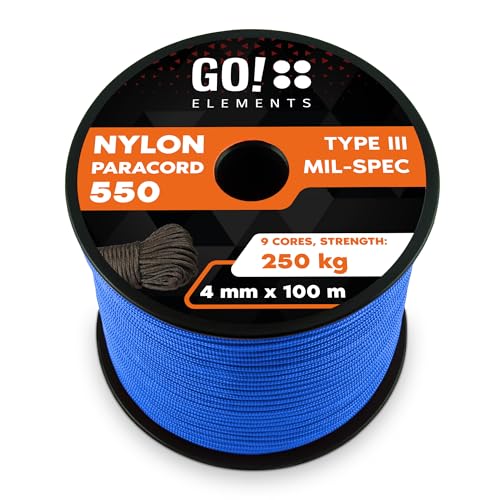 GO!elements 100m Paracord Seil aus reißfester Nylonschnur - 4mm Paracord 550 Typ III Schnur - geeignet als Allzweckseil & Reepschnur - Max. 250kg, Farbe:Blau von GO!elements