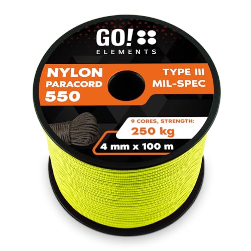 GO!elements 100m Paracord Seil aus reißfester Nylonschnur - 4mm Paracord 550 Typ III Schnur - geeignet als Allzweckseil & Reepschnur - Max. 250kg, Farbe: Neon von GO!elements