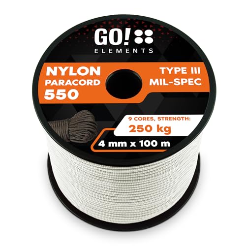 GO!elements 100m Paracord Seil aus reißfester Nylonschnur - 4mm Paracord 550 Typ III Schnur - geeignet als Allzweckseil & Reepschnur - Max. 250kg, Farbe: Weiß GO!elements 100m Paracord Seil aus reißfester Nylonschnur - 4mm Paracord 550 Typ III Schnur - geeignet als Allzweckseil & Reepschnur - Max. 250kg, Farbe: Weiß von GO!elements