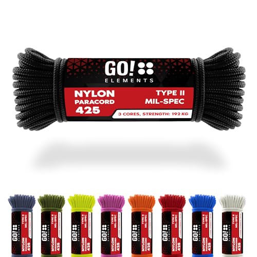 GO!elements 15m Paracord Seil aus reißfestem Nylon - 3mm Paracord 425 Typ II max. 192kg - Schnüre als Outdoor Seil, Allzweckseil, Survival Seil, Armband, Hundeleine, Nylonschnur, Farbe: Schwarz von GO!elements