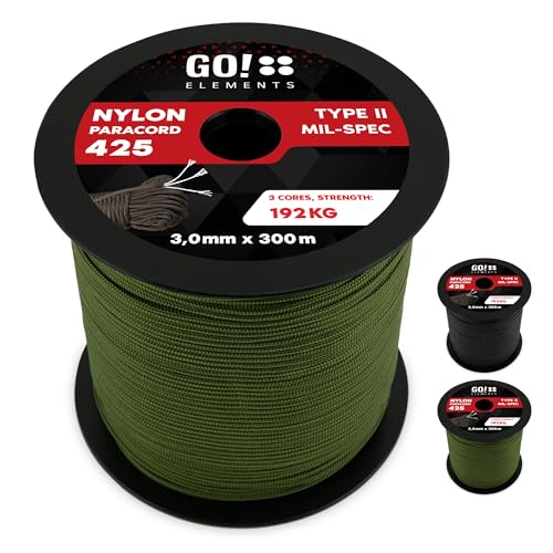 GO!elements 300m Paracord Seil aus reißfestem Nylon - 3mm Paracord 425 Typ II max. 192kg - Schnüre als Outdoor Seil, Allzweckseil, Survival Seil, Armband, Hundeleine, Nylonschnur, Farbe: Oliv GO!elements 300m Paracord Seil aus reißfestem Nylon - 3mm Paracord 425 Typ II max. 192kg - Schnüre als Outdoor Seil, Allzweckseil, Survival Seil, Armband, Hundeleine, Nylonschnur, Farbe: Oliv von GO!elements