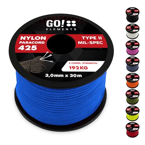 GO!elements 30m Paracord Seil aus reißfestem Nylon - 3mm Paracord 425 Typ II max. 192kg - Schnüre als Outdoor Seil, Allzweckseil, Survival Seil, Armband, Hundeleine, Nylonschnur, Farbe:Blau von GO!elements