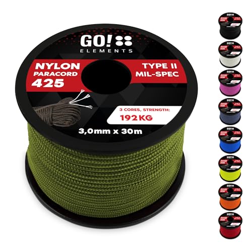 GO!elements 30m Paracord Seil aus reißfestem Nylon - 3mm Paracord 425 Typ II max. 192kg - Schnüre als Outdoor Seil, Allzweckseil, Survival Seil, Armband, Hundeleine, Nylonschnur, Farbe:Oliv von GO!elements