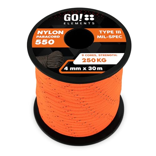 GO!elements 30m Paracord Seil aus reißfester Nylonschnur - 4mm Paracord 550 Typ III Schnur - geeignet als Allzweckseil & Reepschnur - Max. 250kg, Farbe: Orange-Reflektierenden GO!elements 30m Paracord Seil aus reißfester Nylonschnur - 4mm Paracord 550 Typ III Schnur - geeignet als Allzweckseil & Reepschnur - Max. 250kg, Farbe: Orange-Reflektierenden von GO!elements