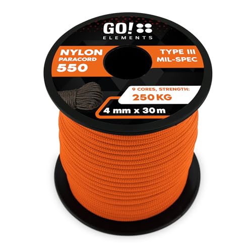 GO!elements 30m Paracord Seil aus reißfester Nylonschnur - 4mm Paracord 550 Typ III Schnur - Allzweckseil & Reepschnur - Max. 250kg, Farbe:Orange von GO!elements