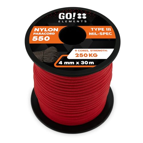 GO!elements 30m Paracord Seil aus reißfester Nylonschnur - 4mm Paracord 550 Typ III Schnur - geeignet als Allzweckseil & Reepschnur - Max. 250kg, Farbe: Rot von GO!elements