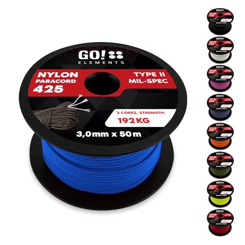 GO!elements 50m Paracord Seil aus reißfestem Nylon - 3mm Paracord 425 Typ II max. 192kg - Schnüre als Outdoor Seil, Allzweckseil, Survival Seil, Armband, Hundeleine, Nylonschnur, Farbe: Blau GO!elements 50m Paracord Seil aus reißfestem Nylon - 3mm Paracord 425 Typ II max. 192kg - Schnüre als Outdoor Seil, Allzweckseil, Survival Seil, Armband, Hundeleine, Nylonschnur, Farbe: Blau von GO!elements