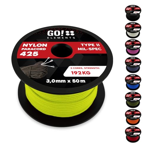 GO!elements 50m Paracord Seil aus reißfestem Nylon - 3mm Paracord 425 Typ II max. 192kg - Schnüre als Outdoor Seil, Allzweckseil, Survival Seil, Armband, Hundeleine, Nylonschnur, Farbe:Neon von GO!elements