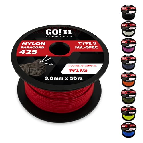 GO!elements 50m Paracord Seil aus reißfestem Nylon - 3mm Paracord 425 Typ II max. 192kg - Schnüre als Outdoor Seil, Allzweckseil, Survival Seil, Armband, Hundeleine, Nylonschnur, Farbe: Rot GO!elements 50m Paracord Seil aus reißfestem Nylon - 3mm Paracord 425 Typ II max. 192kg - Schnüre als Outdoor Seil, Allzweckseil, Survival Seil, Armband, Hundeleine, Nylonschnur, Farbe: Rot von GO!elements