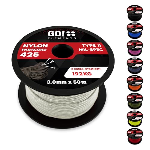 GO!elements 50m Paracord Seil aus reißfestem Nylon - 3mm Paracord 425 Typ II max. 192kg - Schnüre als Outdoor Seil, Allzweckseil, Survival Seil, Armband, Hundeleine, Nylonschnur, Farbe: Weiß GO!elements 50m Paracord Seil aus reißfestem Nylon - 3mm Paracord 425 Typ II max. 192kg - Schnüre als Outdoor Seil, Allzweckseil, Survival Seil, Armband, Hundeleine, Nylonschnur, Farbe: Weiß von GO!elements