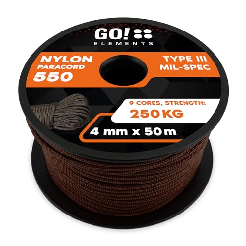 GO!elements 50m Paracord Seil aus reißfester Nylonschnur - 4mm Paracord 550 Typ III Schnur - Allzweckseil & Reepschnur - Max. 250kg, Farbe:Braun von GO!elements