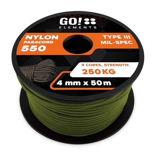 GO!elements 50m Paracord Seil aus reißfester Nylonschnur - 4mm Paracord 550 Typ III Schnur - geeignet als Allzweckseil & Reepschnur - Max. 250kg, Farbe: Oliv GO!elements 50m Paracord Seil aus reißfester Nylonschnur - 4mm Paracord 550 Typ III Schnur - geeignet als Allzweckseil & Reepschnur - Max. 250kg, Farbe: Oliv von GO!elements