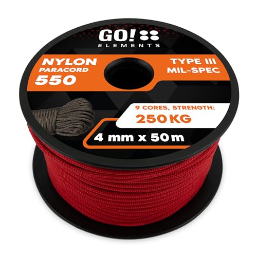 GO!elements 50m Paracord Seil aus reißfester Nylonschnur - 4mm Paracord 550 Typ III Schnur - Allzweckseil & Reepschnur - Max. 250kg, Farbe:Rot von GO!elements