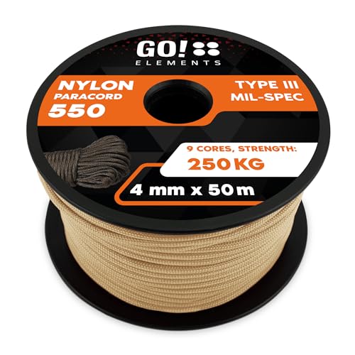 GO!elements 50m Paracord Seil aus reißfester Nylonschnur - 4mm Paracord 550 Typ III Schnur - geeignet als Allzweckseil & Reepschnur - Max. 250kg, Farbe: Sand GO!elements 50m Paracord Seil aus reißfester Nylonschnur - 4mm Paracord 550 Typ III Schnur - geeignet als Allzweckseil & Reepschnur - Max. 250kg, Farbe: Sand von GO!elements