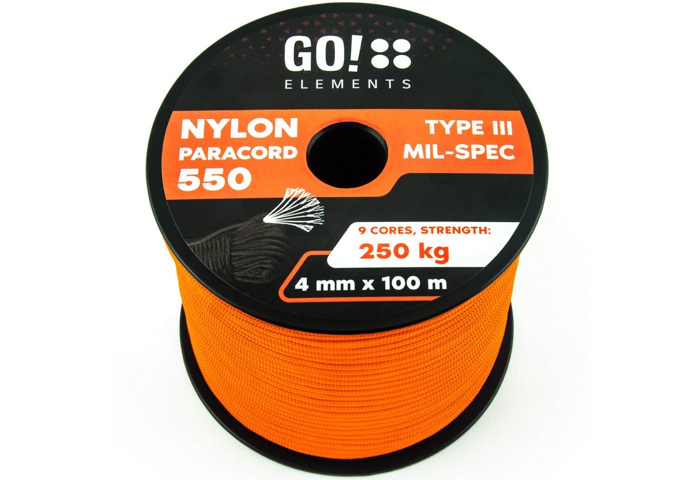 GO!elements Paracord 550 - 4mm Abspannleine, 100m Paracord Seil aus reißfester Nylonschnur - 4mm Paracord 550 Typ III Schnur - geeignet als Allzweckseil & Reepschnur Max. 250kg von GO!elements