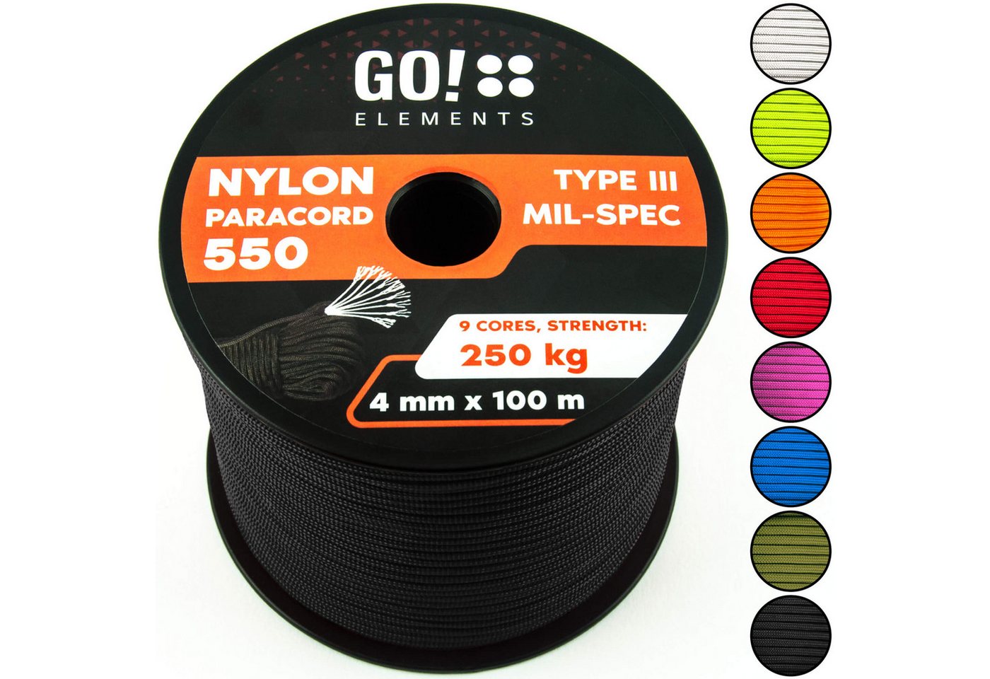 GO!elements Paracord 550 - 4mm Abspannleine, Paracord 550 aus reißfester Nylonschnur GO!elements Paracord 550 - 4mm Abspannleine, Paracord 550 aus reißfester Nylonschnur von GO!elements