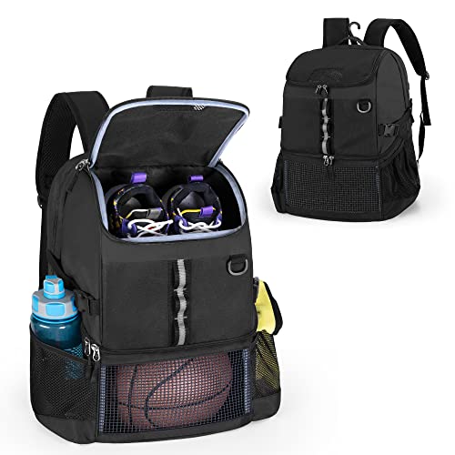 GOBUROS Basketballtasche, Fußballausrüstungstasche mit Ball- und Schuhfach für Fußball, Volleyball, Fitnessstudio, Outdoor, Reisen, Schwarz von GOBUROS