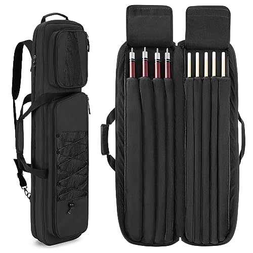 GOBUROS 4x5 Pool Queue Koffer, Billard Stick Tragetasche für 4 Kolben und 6 Schäfte, weiche Pool Stick Tasche mit großen Zubehörtaschen vorne und Schultergurt,Schwarz von GOBUROS