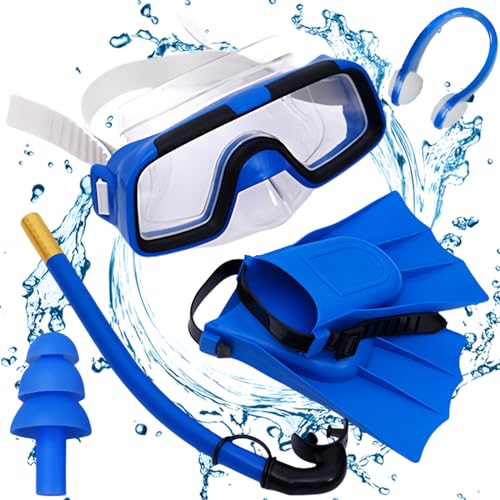 Taucherbrille Kinder Set, Schwimmbrille Kinder Schnorchelset für Jungen Mädchen, Anti-Leck Schnorchelmaske Kinder Verstellbares Taucherbrille mit Silikon-Ohrstöpseln für Schwimmen(blau) von GOMETY