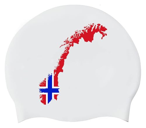 Badekappe Mit Norwegen-Karte Und -Flagge Für Damen Und Herren, Unisex, Große Badekappe Aus Weichem Silikon Für Langes Haar, wasserdichte Badekappen Für Erwachsene, Norwegen, Einheitsgröße von GONMFKM