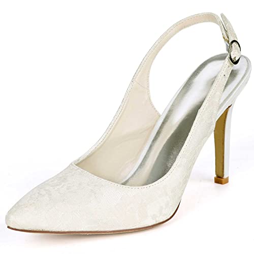 GOODIIDEA Frauen Low Heels aus Elfenbein-Spitze und Satin - Schnallenverschluss, Spitzer Zehen-Pumps perfekt für Kleid, Büro & Hochzeitsfeiern von GOODIIDEA