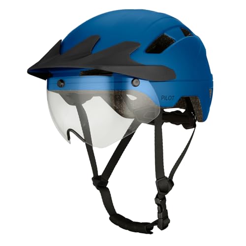 GOOFF Pilot S-Pedelec Helm - Schutz für schnelle E-Bike Fahrten – Fahrradhelm mit Visier und Licht – NTA 8776-zertifizierter Zweirat Helm (Blau mit Sonnenblende, L) von GOOFF