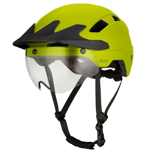 GOOFF Pilot S-Pedelec Helm - Schutz für schnelle E-Bike Fahrten – Fahrradhelm mit Visier und Licht – NTA 8776-zertifizierter Zweirat Helm (Fluoreszierendes Gelb mit Sonnenblende, L) von GOOFF