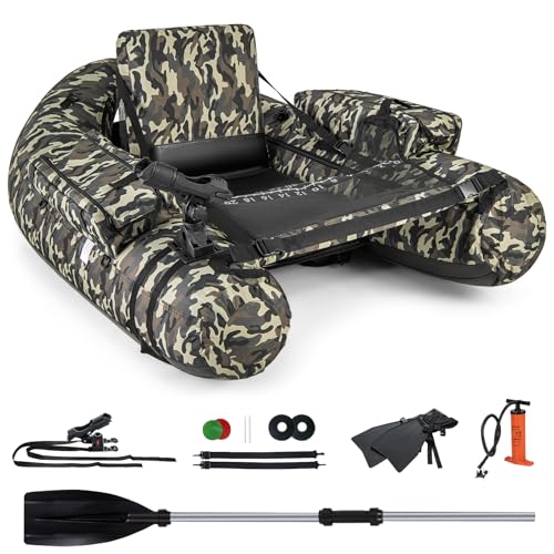 GOPLUS Bellyboat, Belly Boat bis 150 kg belastbar, aufblasbares Schlauchboot zum Angeln mit Paddel, Pumpe, Fischlineal & 2 Schultergurten, 146 x 109 x 44 cm, Camouflage von GOPLUS